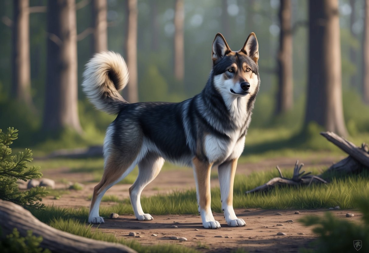 A Czechoslovakian Vlciak dog standing alert in a forest clearing, ears perked and tail held high, showcasing its wolf-like appearance and confident demeanor