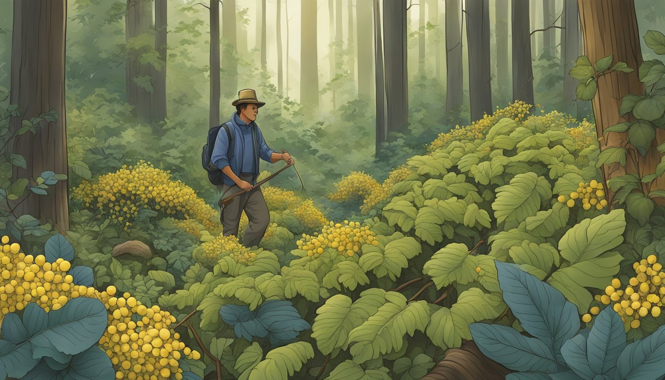 An illustration of a forest floor with Oregon grape plants being carefully foraged and harvested, surrounded by a diverse array of flora and fauna