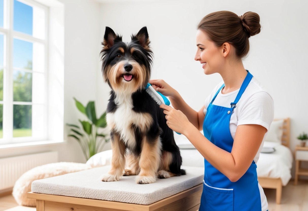 A Czechoslovakian Vlciak dog being groomed and brushed by its owner in a bright, airy room with a large window and a cozy bed in the background