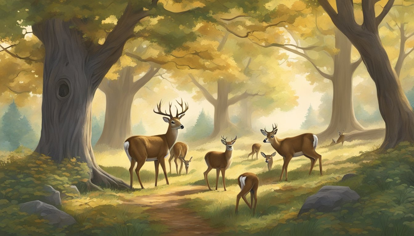 A family of deer forages for acorns under the sprawling branches of an Oregon white oak tree in a lush forest ecosystem