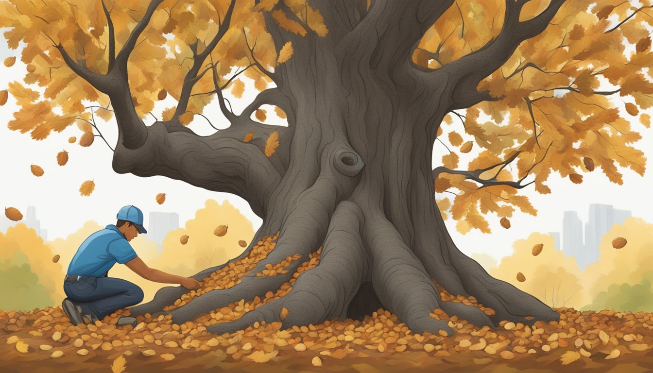 A figure gathers acorns beneath an Oregon white oak, surrounded by fallen leaves and branches