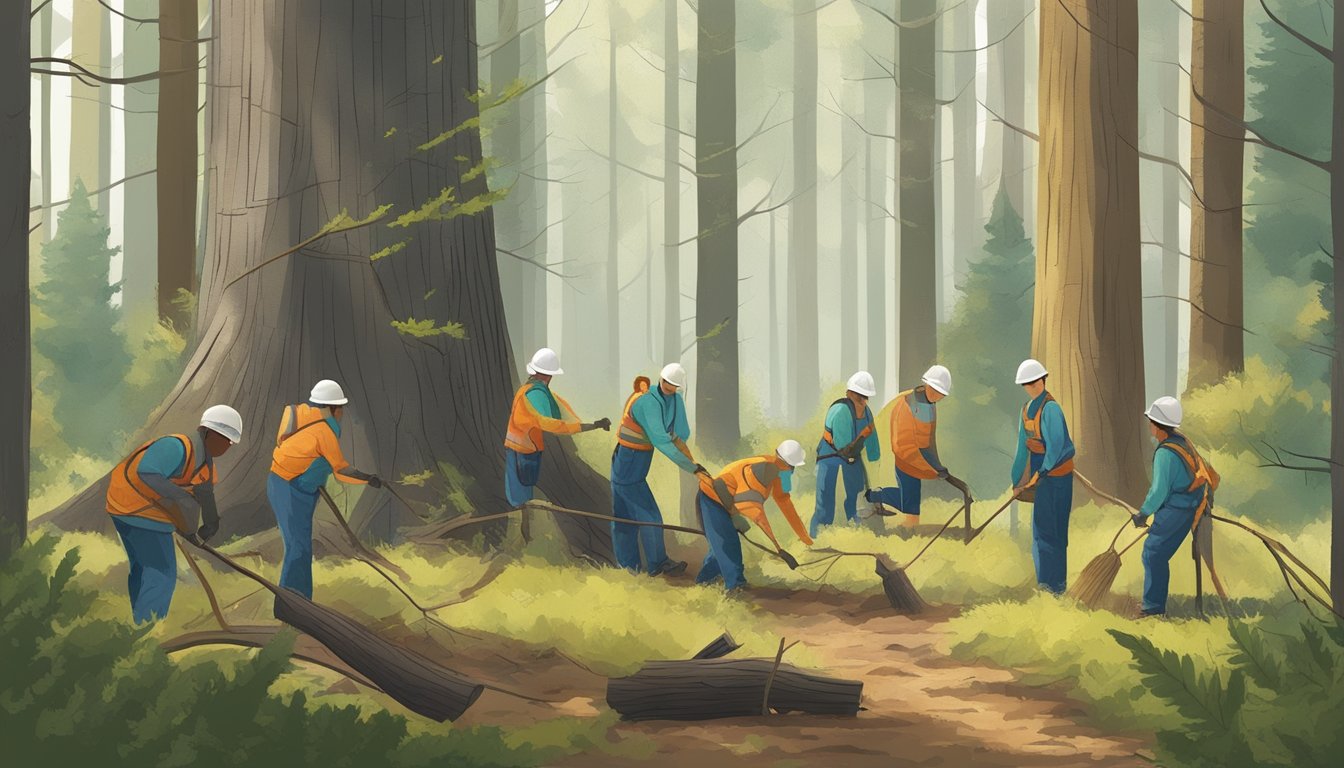 A group of workers carefully pruning and harvesting Oregon white oak trees in a managed forest, following best practices for sustainable foraging