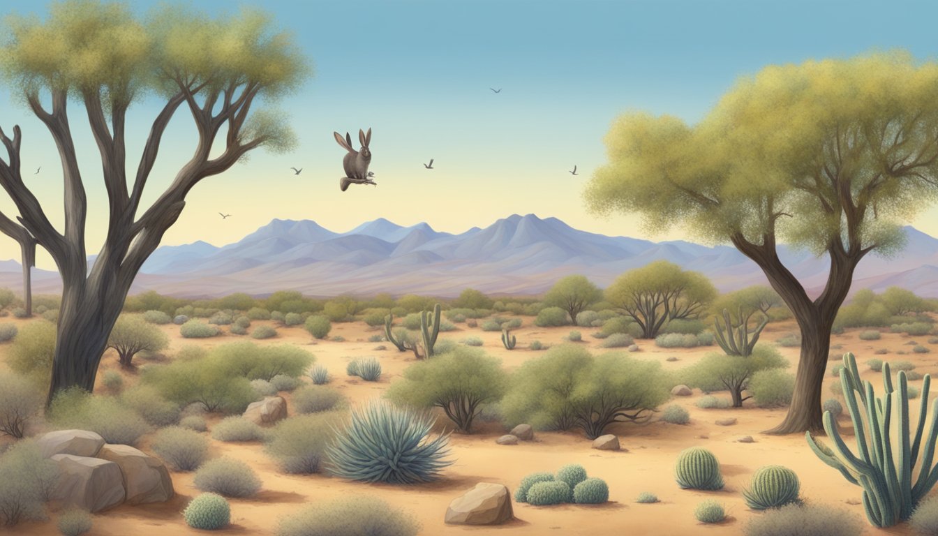 A desert landscape with a mature palo verde tree surrounded by smaller shrubs and cacti. A rabbit is foraging under the tree while birds are harvesting its seeds