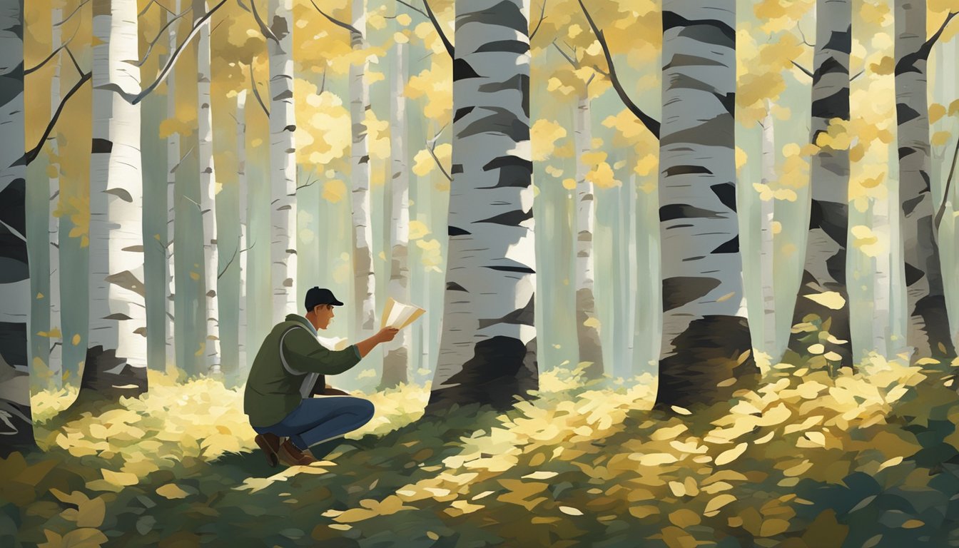 A figure gently gathers paper birch bark from the forest floor, surrounded by tall trees and dappled sunlight