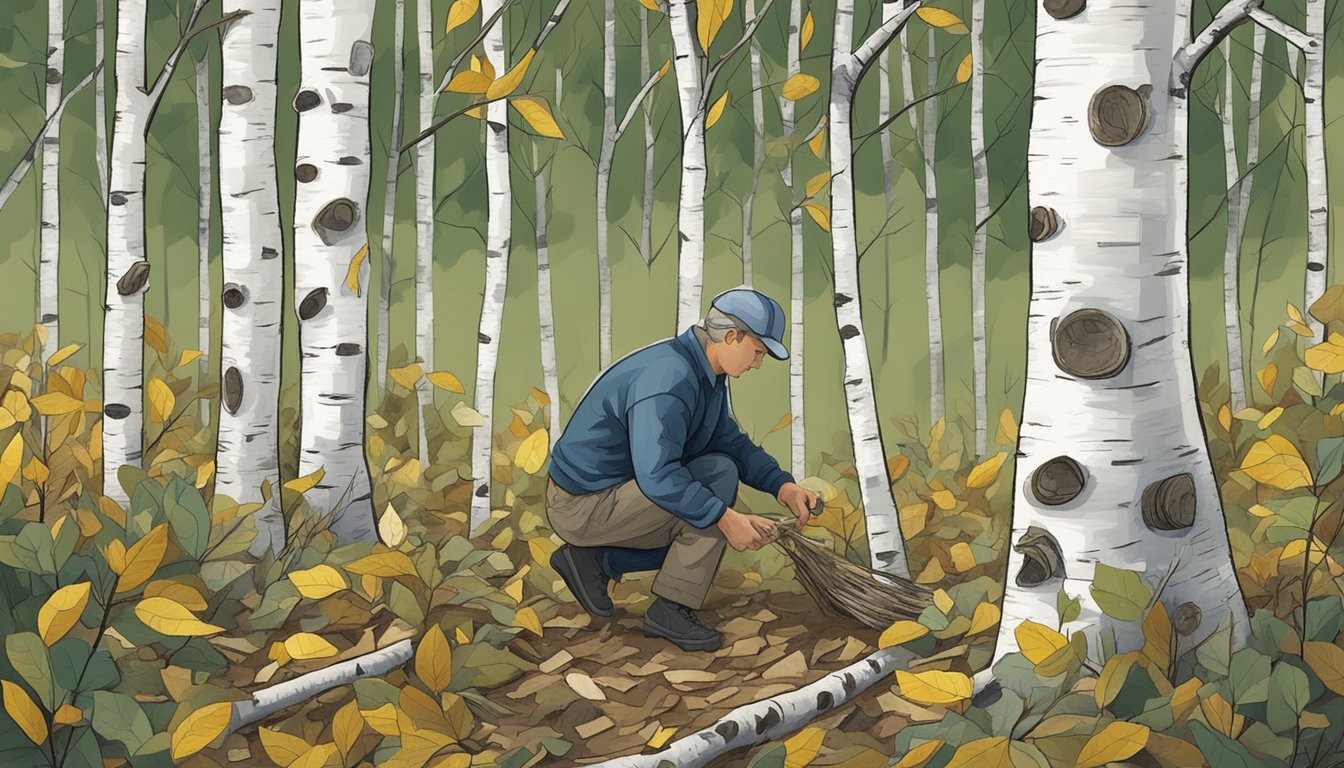 A figure collects paper birch bark and twigs in a forest clearing