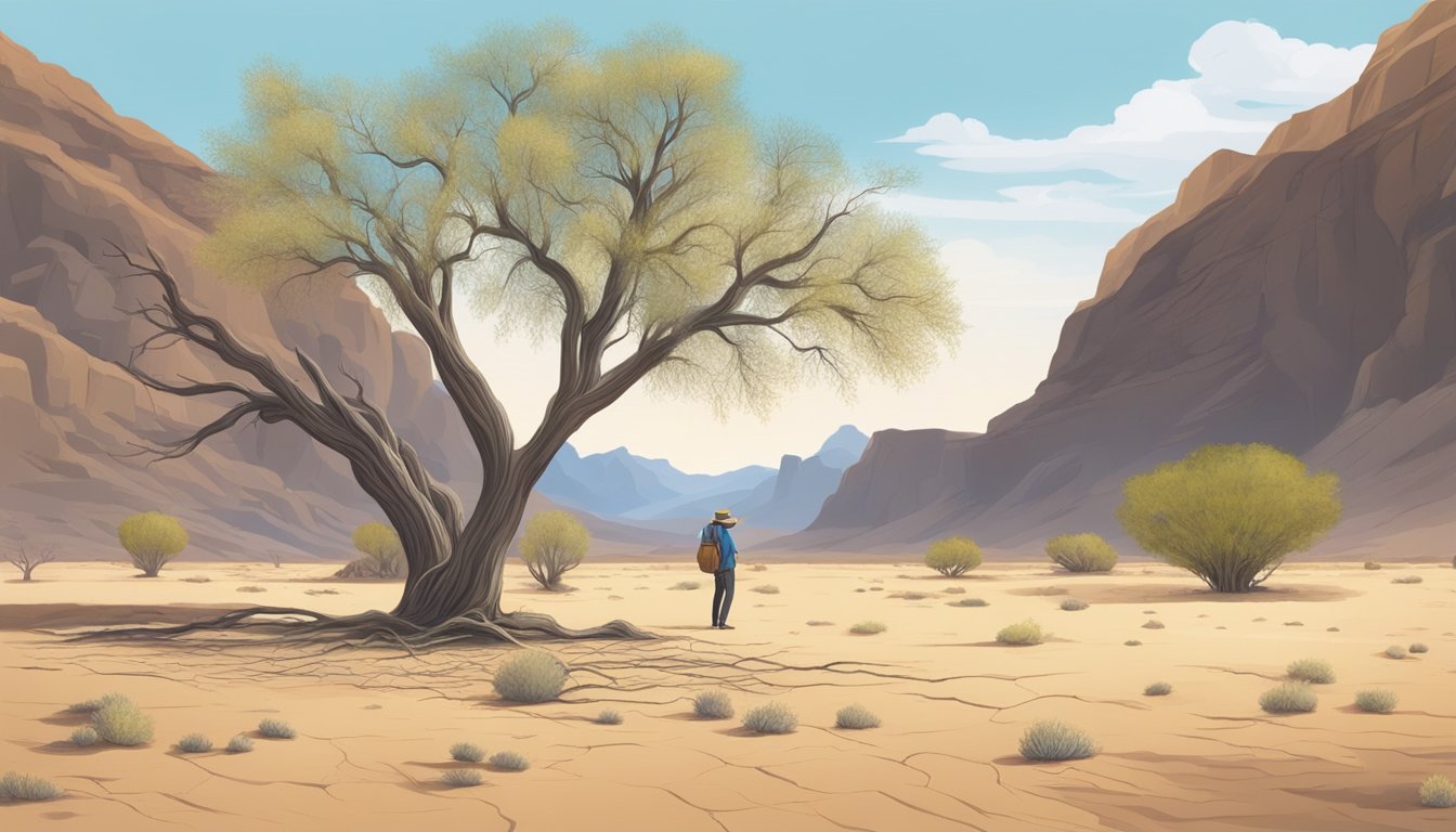 A desert landscape with a lone palo verde tree surrounded by dry, cracked earth. A figure collects fallen pods and leaves for foraging