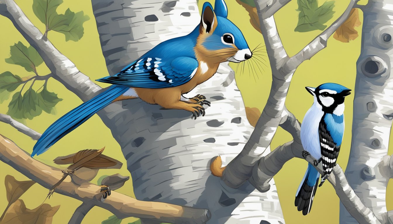 A squirrel nibbles on a paper birch twig while a woodpecker pecks at the trunk. A rabbit sniffs around the base of the tree as a blue jay watches from a nearby branch