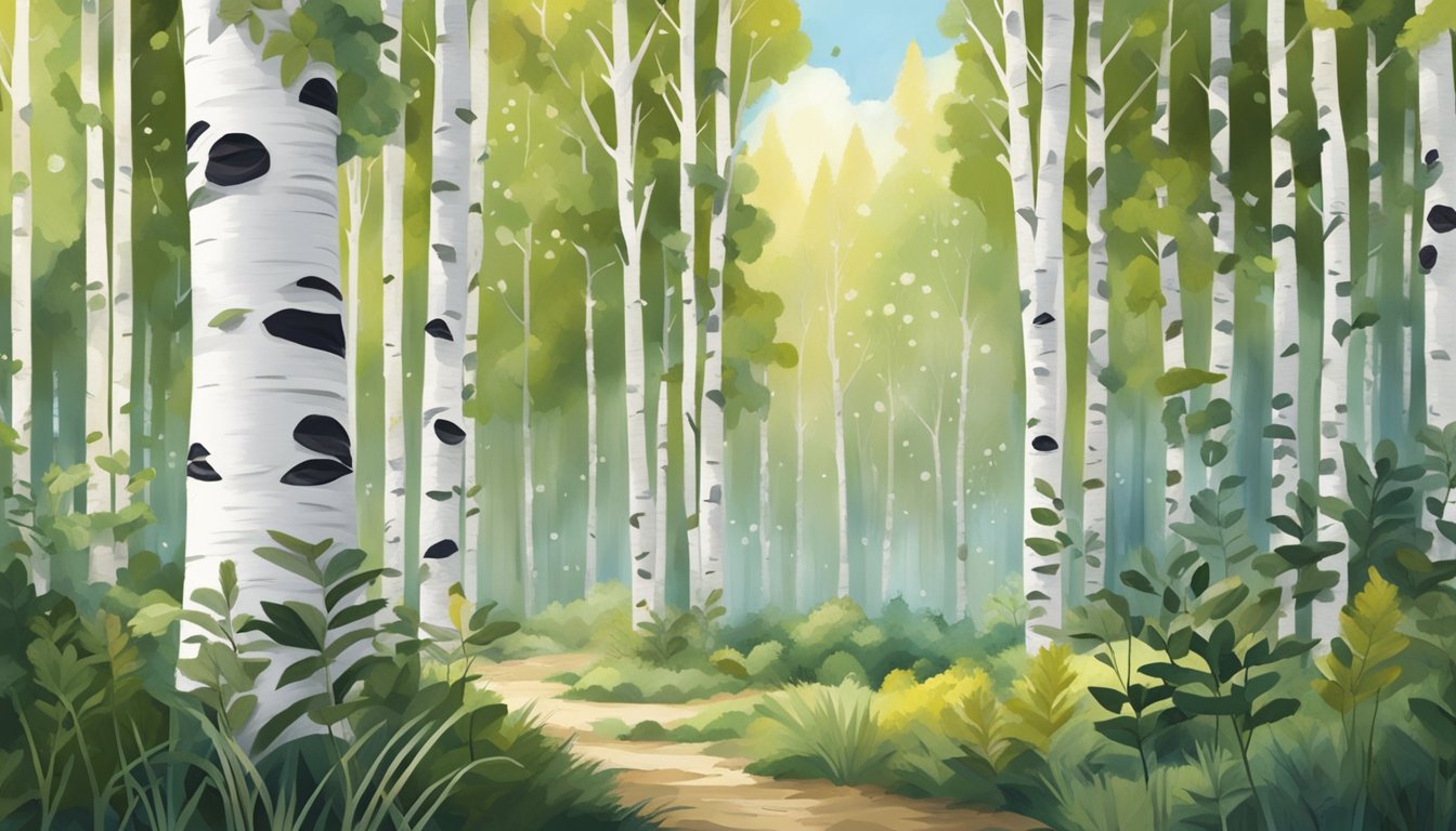 A serene forest clearing with paper birch trees, their white bark peeling and fluttering in the breeze, surrounded by various plants and wildlife