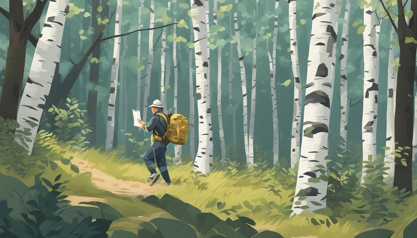 A figure navigating through dense forest, carefully collecting paper birch bark while avoiding potential hazards like uneven terrain and sharp branches