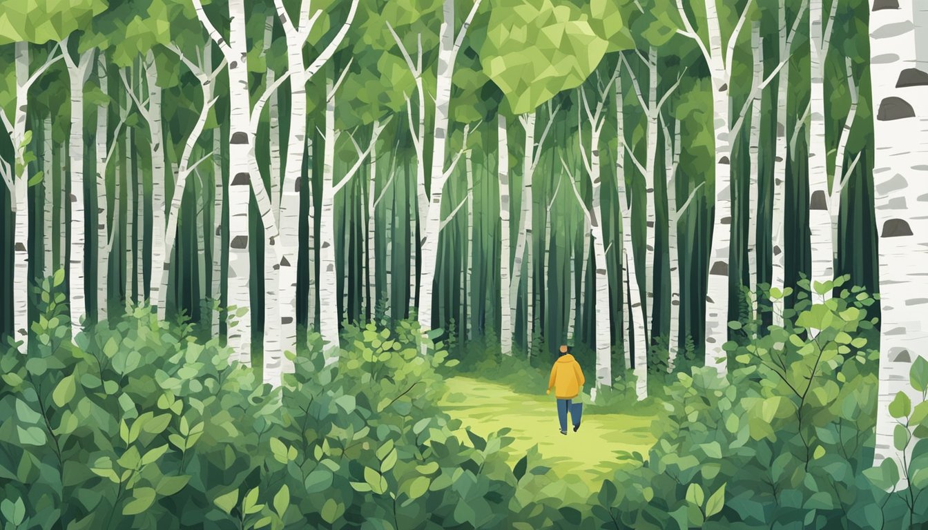 A lush forest with paper birch trees, their white bark standing out against the green foliage. A figure gathers birch bark and twigs from the forest floor