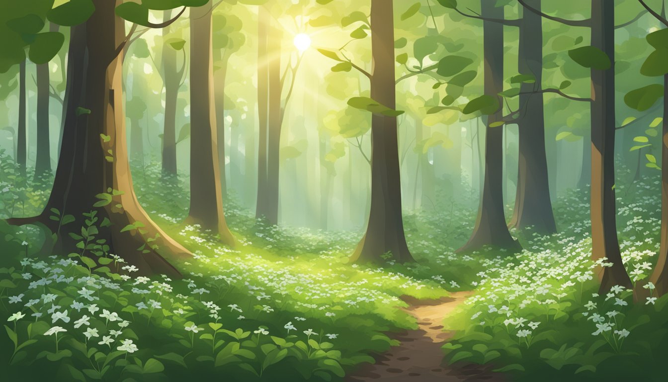 A lush forest floor with sunlight filtering through the trees, showcasing an abundance of chickweed plants in various stages of growth