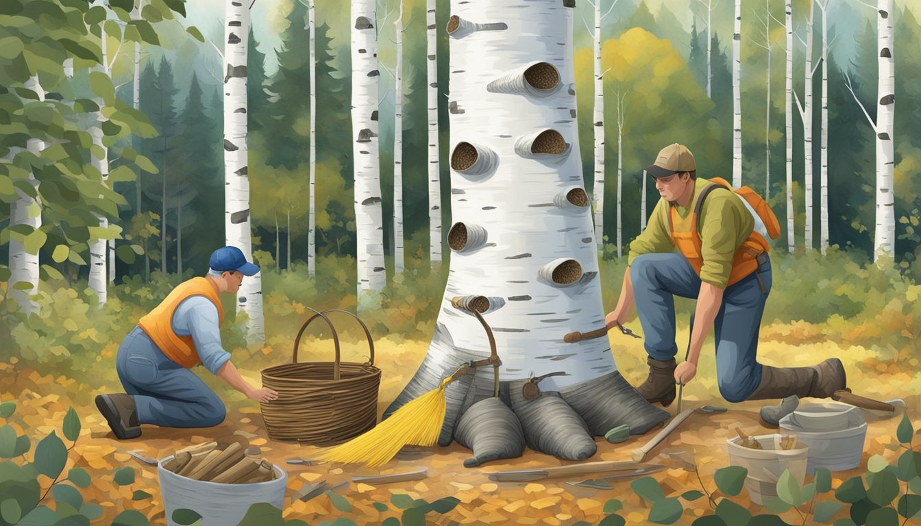 A paper birch tree being carefully harvested for its bark, with tools and baskets nearby, set against a backdrop of a diverse forest ecosystem