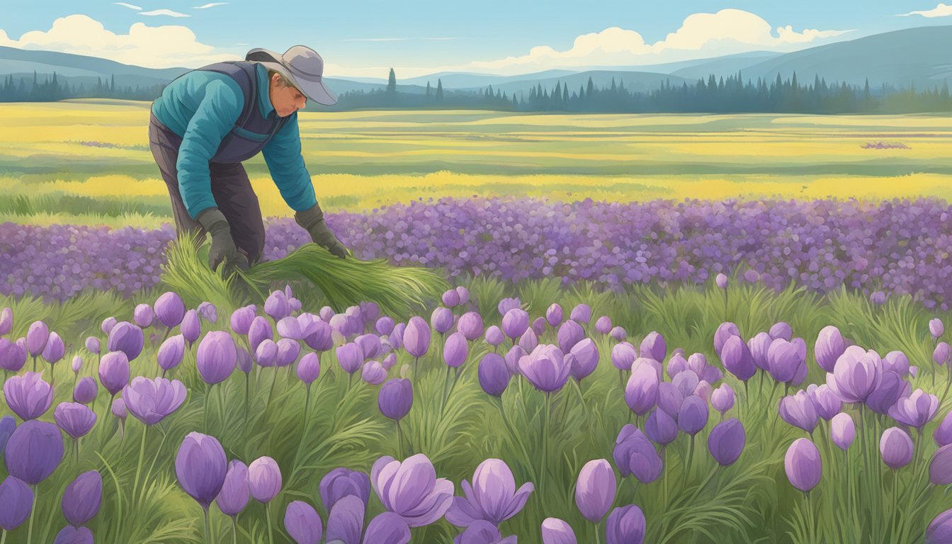 A field of pasque flowers being foraged and harvested by a figure