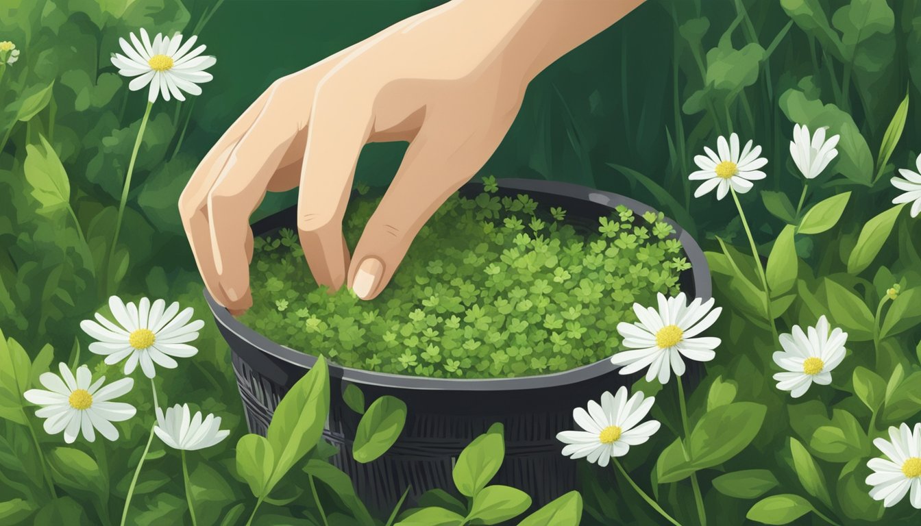 A person gathering chickweed from the forest floor, using a basket to collect the delicate green leaves and small white flowers