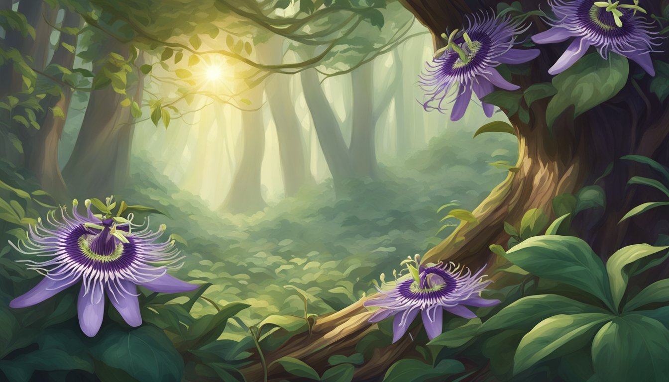 A lush forest floor with passionflower vines entwined around tree trunks, their delicate purple blooms and tendrils reaching out towards the sunlight