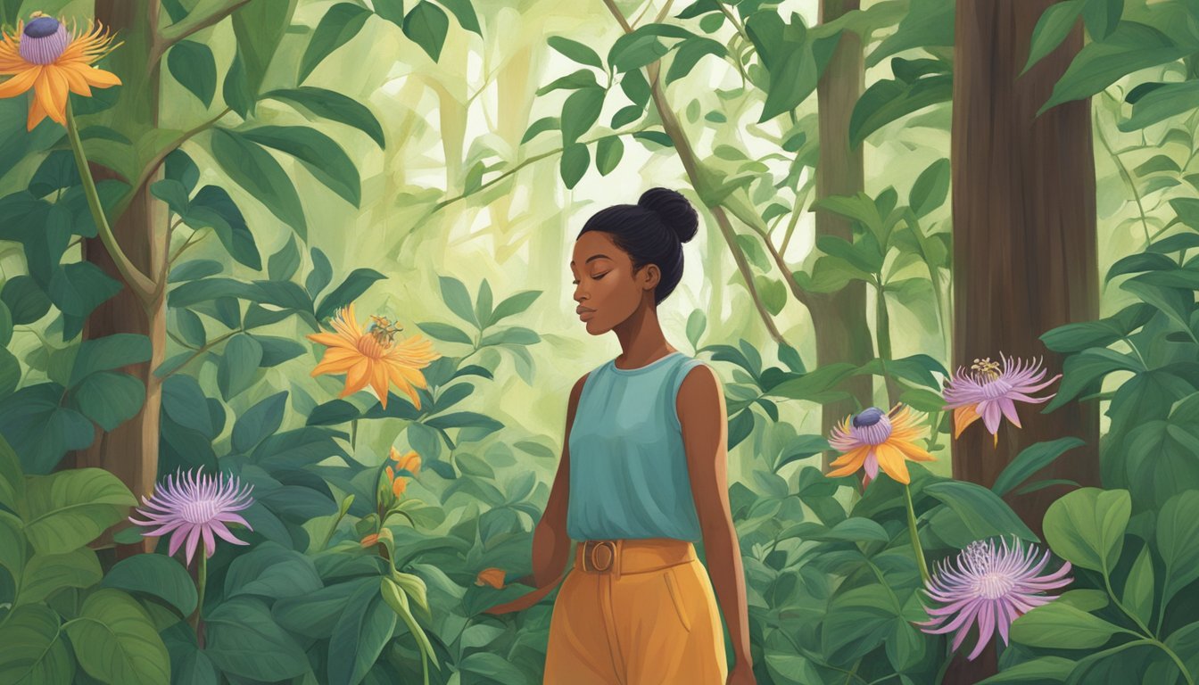 A figure collects passionflower vines and blooms in a lush forest setting