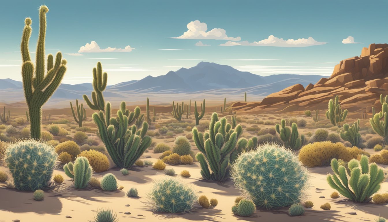 A desert landscape with a mature cholla cactus, surrounded by other desert plants. Sunlight highlights the ripe cholla buds, ready for foraging