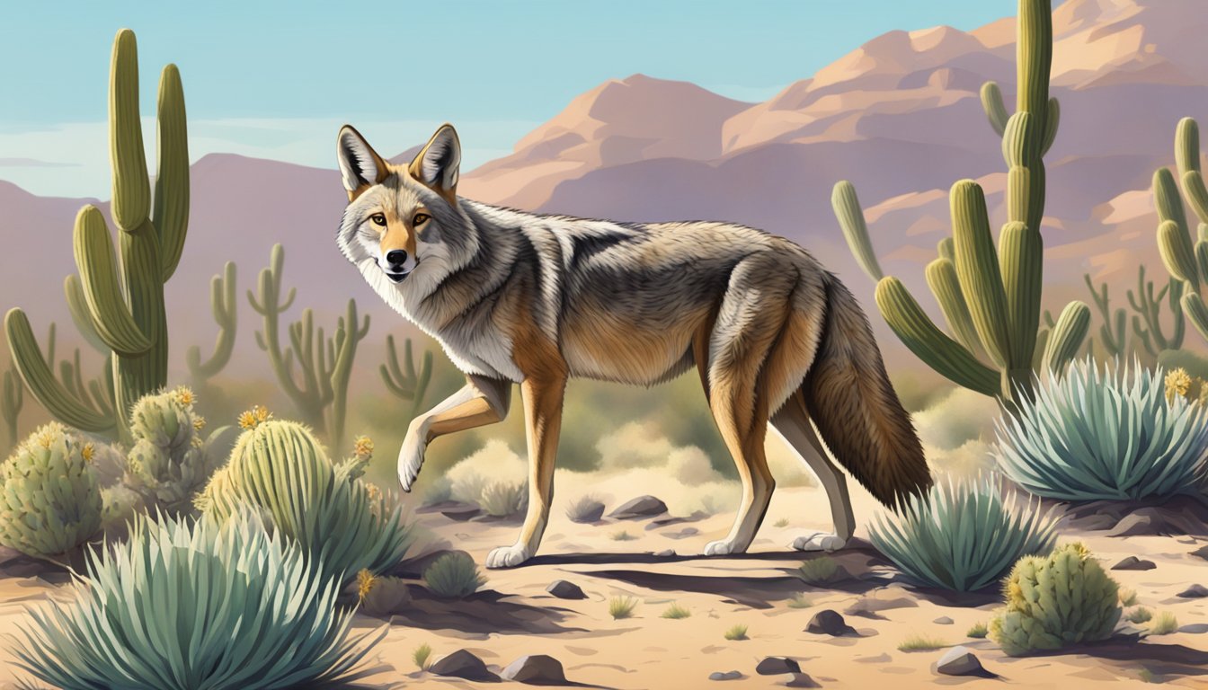 A coyote foraging in the desert, surrounded by cholla cacti