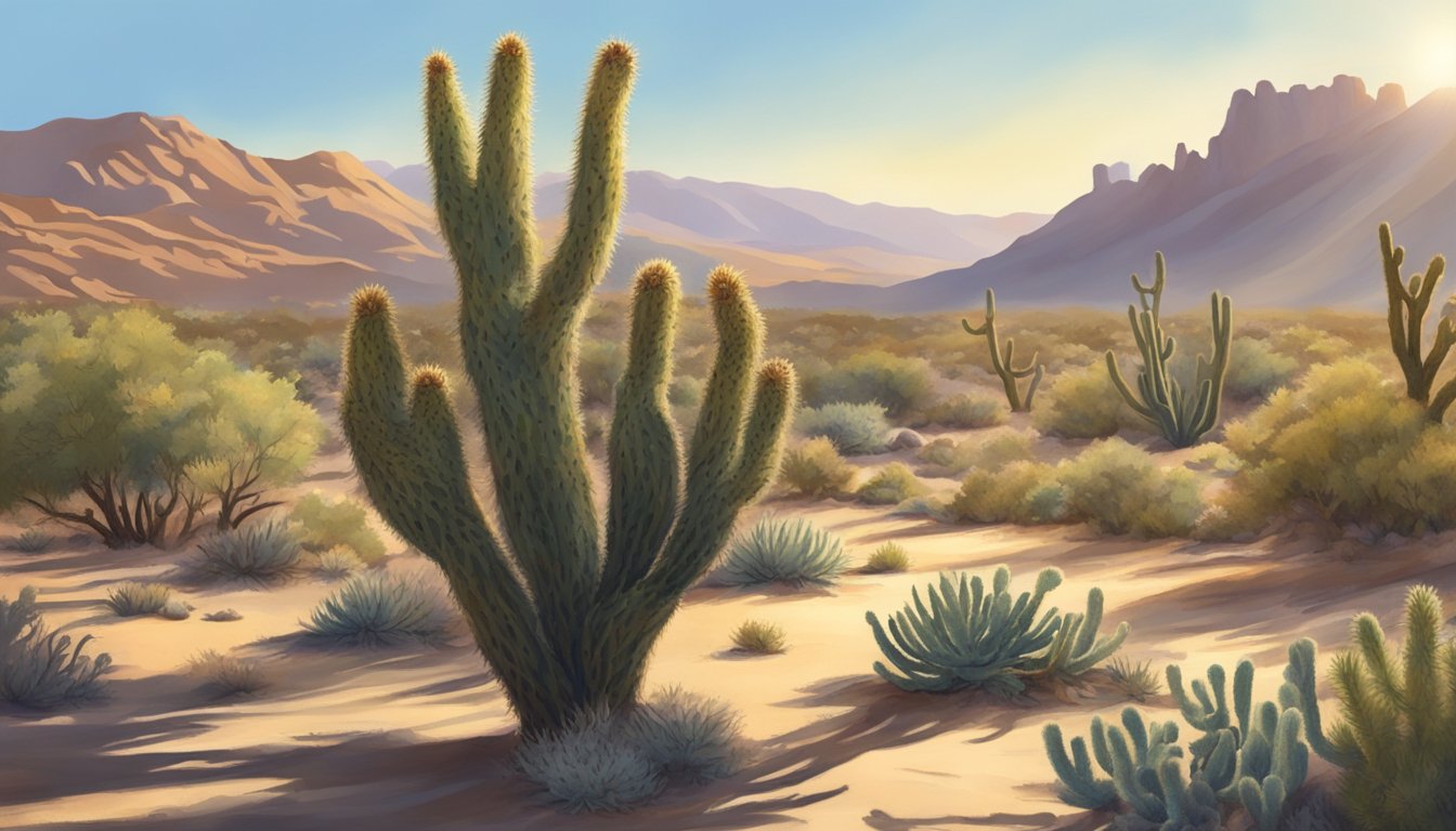 A desert landscape with a mature cholla cactus surrounded by other native plants. Sunlight illuminates the area, casting shadows on the ground