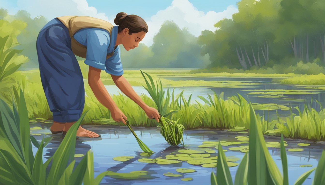 A figure collects pickerelweed from a marsh, carefully selecting and gathering the vibrant green plants for consumption