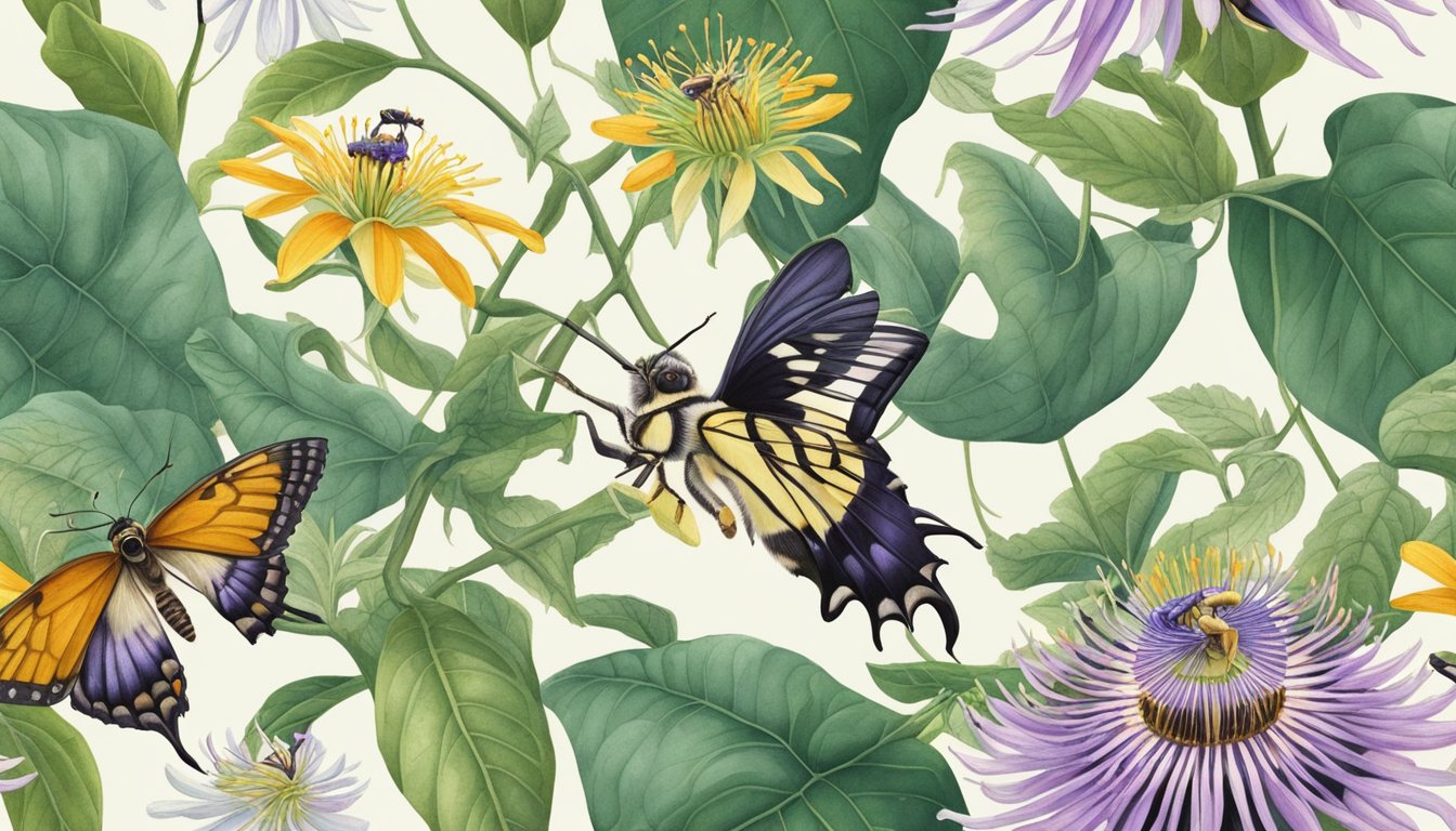 Passionflower vines intertwine with neighboring plants, creating a diverse and lush ecosystem. Bees and butterflies flutter around, foraging for nectar