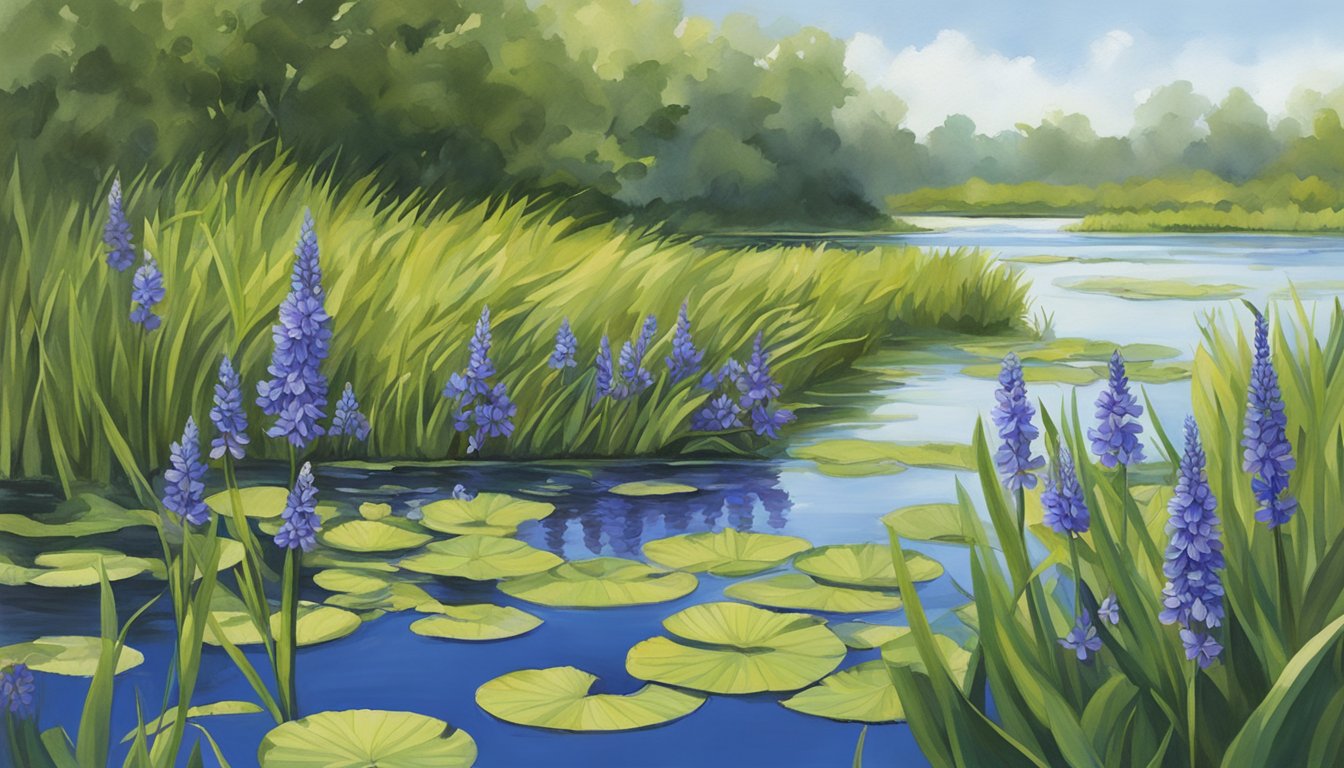 Pickerelweed being gathered from a marshy wetland, with lush green foliage and vibrant blue flowers