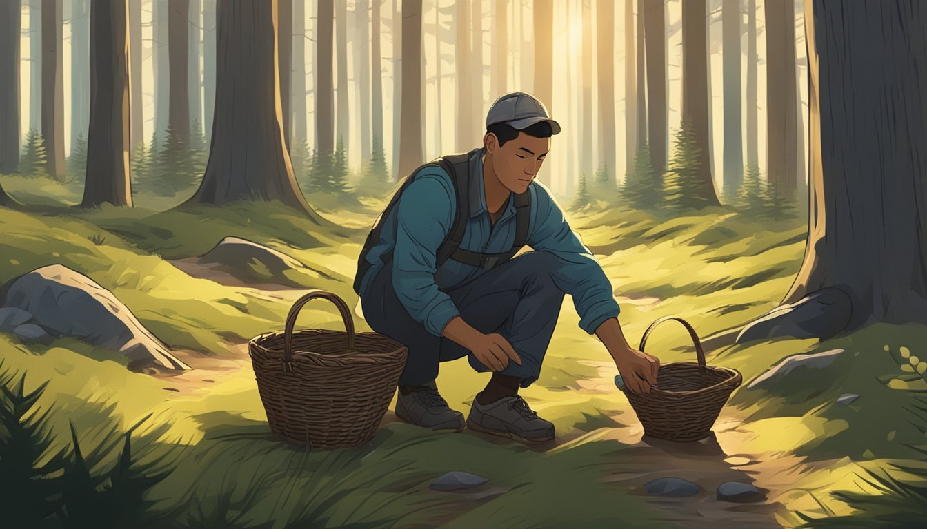 A figure crouches among pine trees, gathering needles into a basket. The forest floor is dappled with sunlight