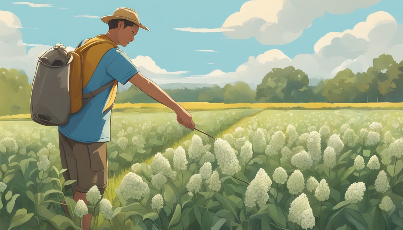 A person gently gathering common milkweed pods in a field on a sunny day