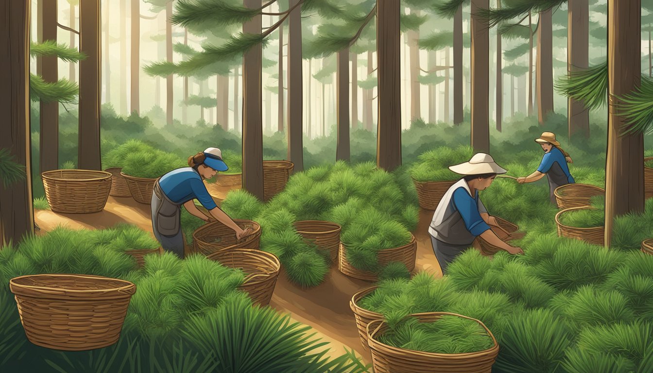 Pine needles being carefully collected and sorted into baskets in a lush forest setting