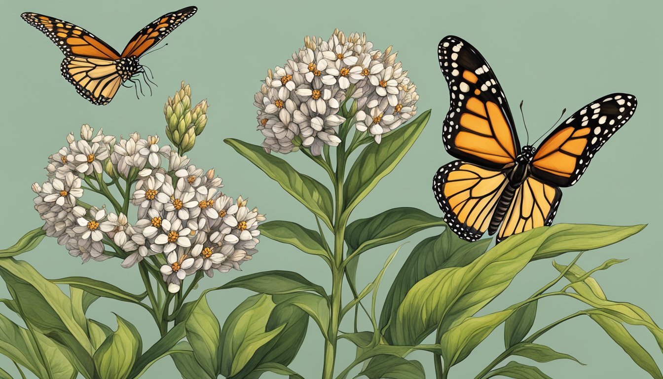 A monarch butterfly alights on a blooming common milkweed plant, while a careful forager collects leaves and pods