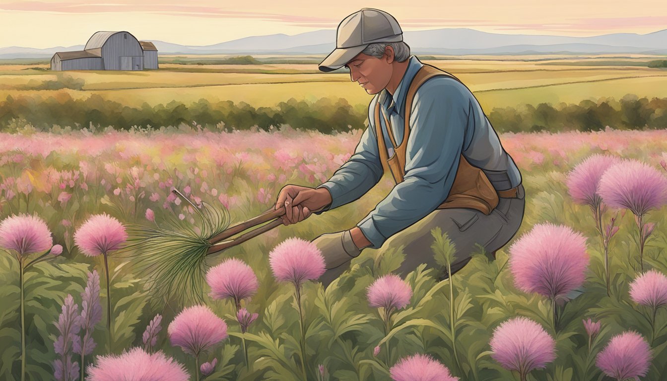 Prairie smoke plants being carefully harvested by a figure in a field, surrounded by a variety of wildflowers and grasses