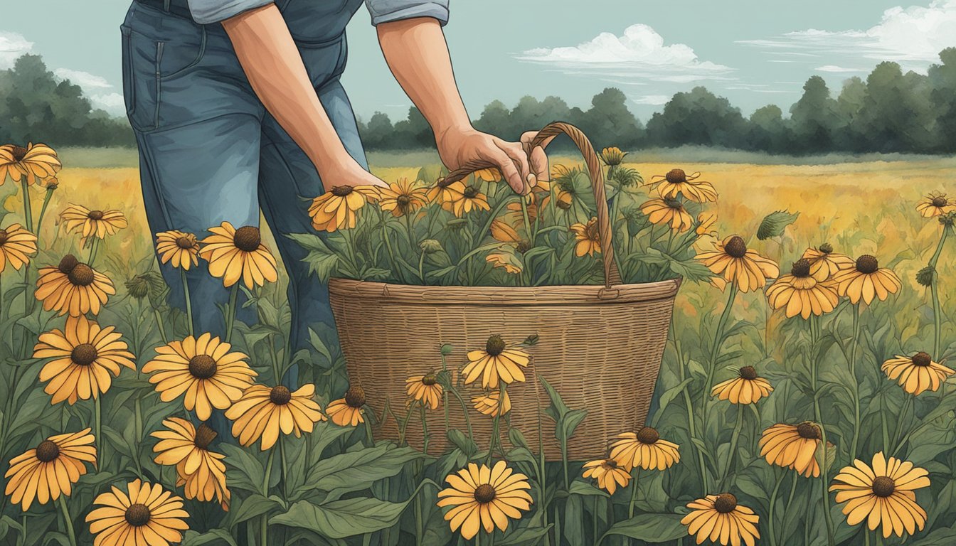 A pair of hands carefully snipping prairie coneflowers with a basket at their side