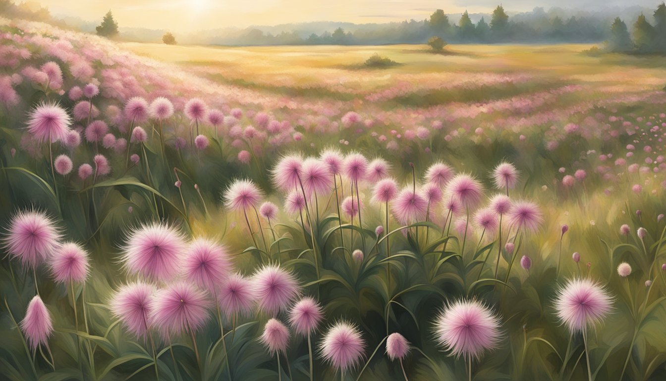 Prairie smoke flowers being carefully harvested in a sunlit meadow