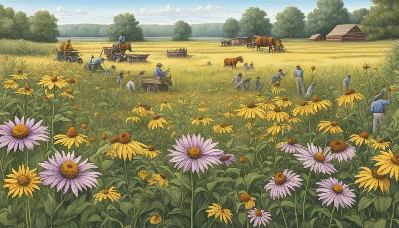 A field of prairie coneflowers being foraged and harvested by wildlife and insects