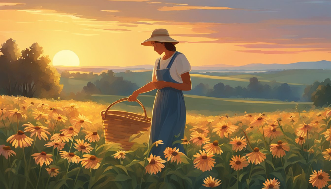 A figure gathers prairie coneflowers in a grassy field, placing them in a woven basket. The sun sets in the background, casting a warm glow over the scene