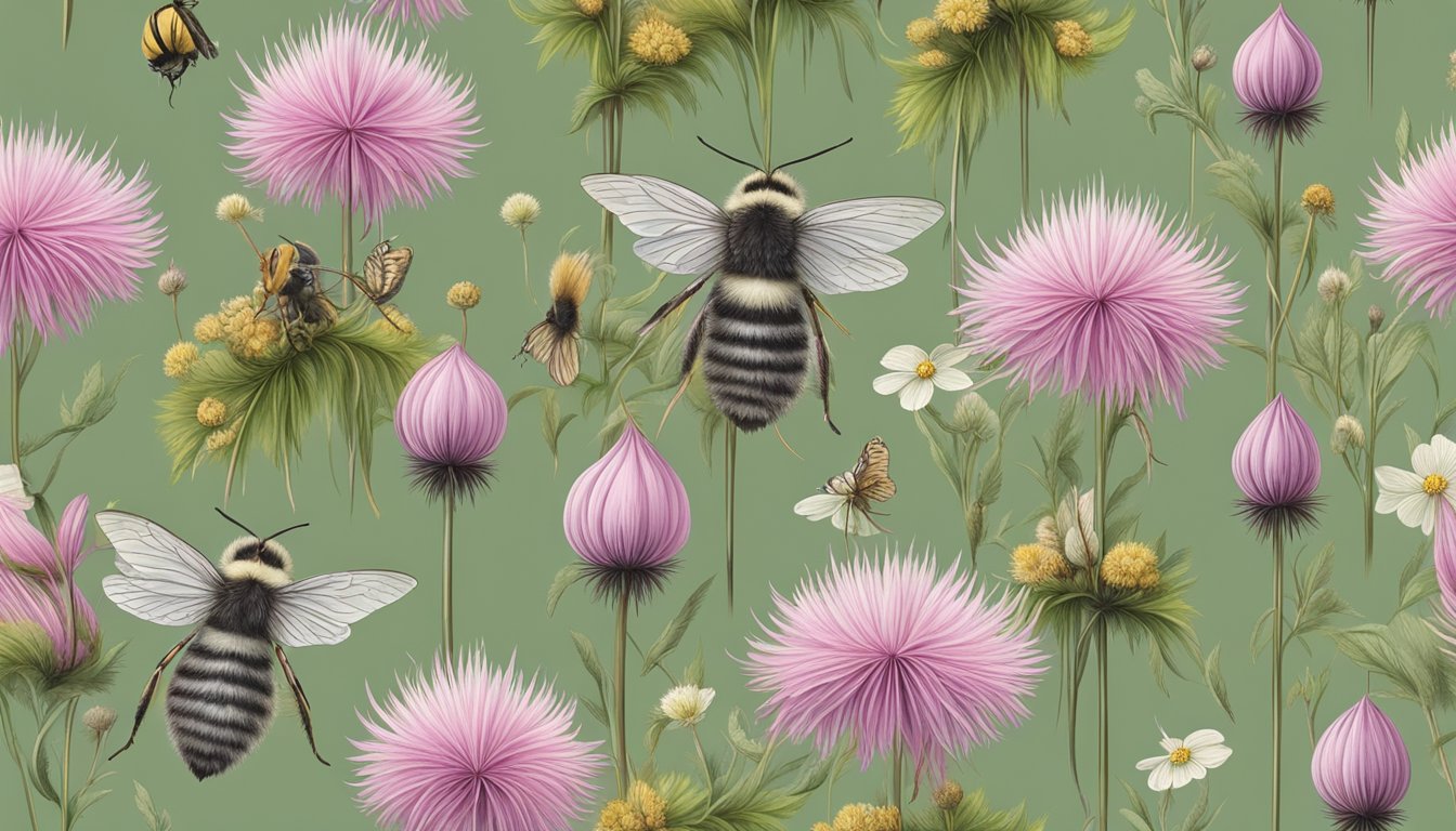 Prairie smoke flowers being foraged by bees and butterflies in a grassy meadow