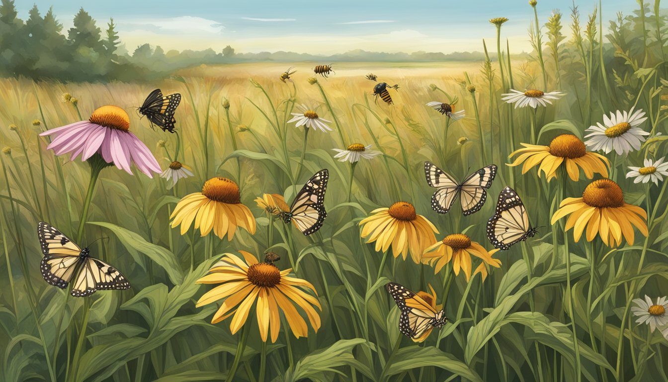 Prairie coneflowers bloom amidst tall grasses, while bees and butterflies forage for nectar. Conservationists carefully harvest seeds for preservation efforts