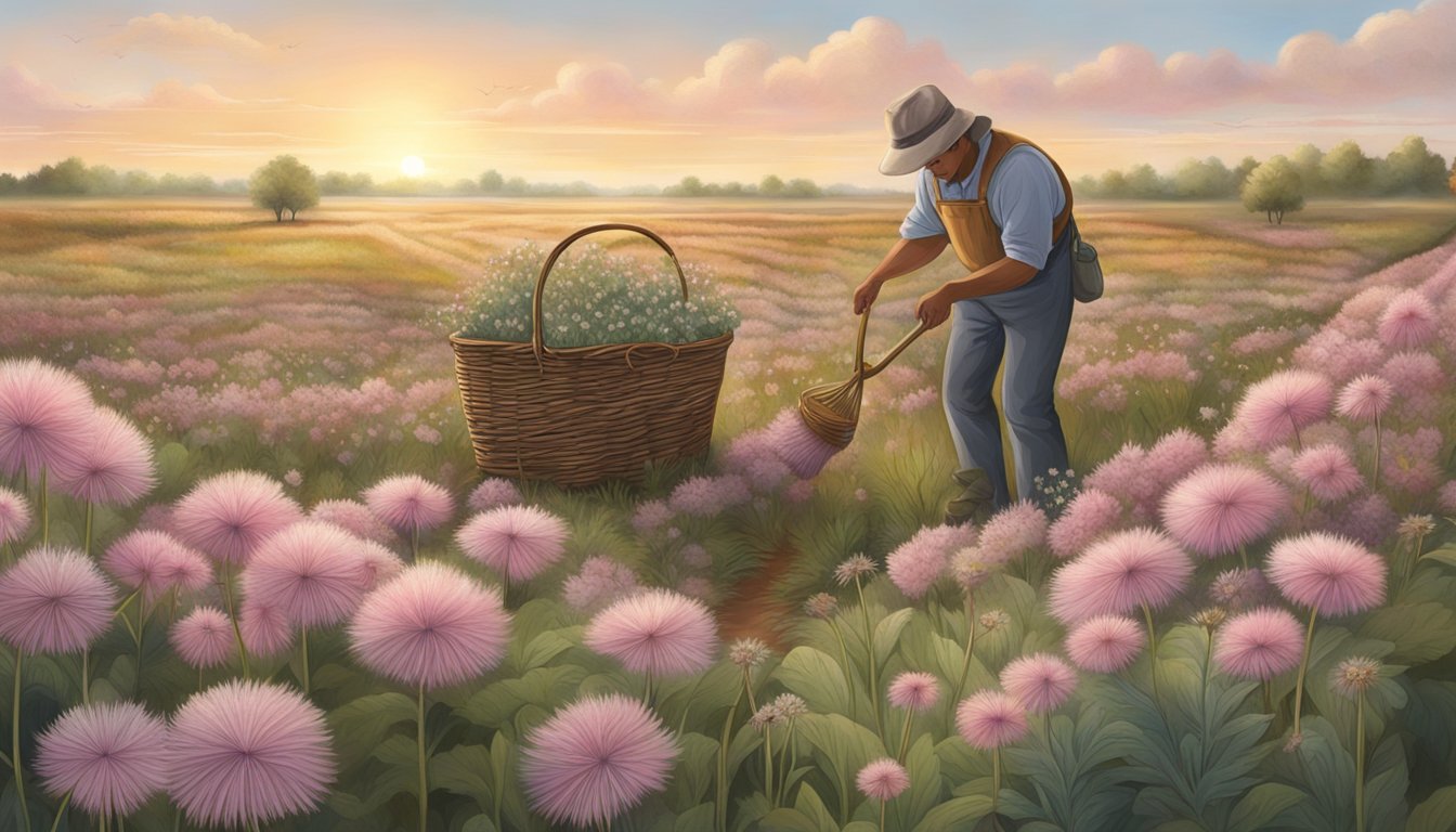 A field of prairie smoke flowers being carefully harvested by a person with a basket, surrounded by diverse plant life and wildlife