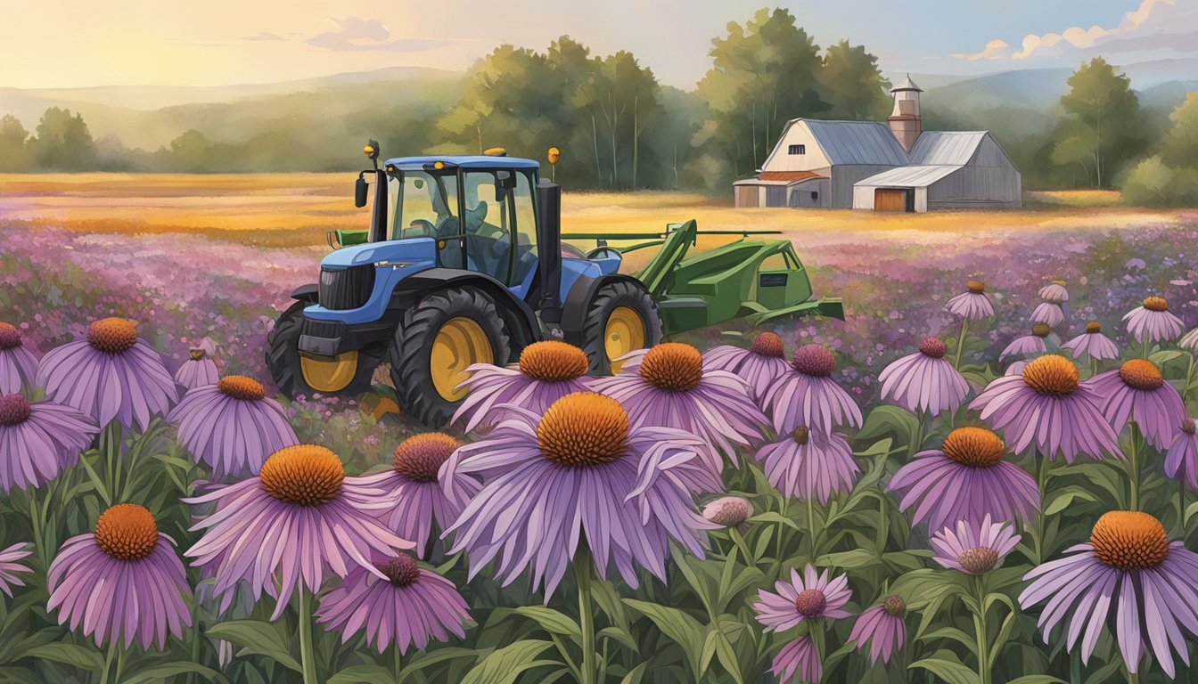 Purple coneflowers being carefully harvested and collected in a wildflower field