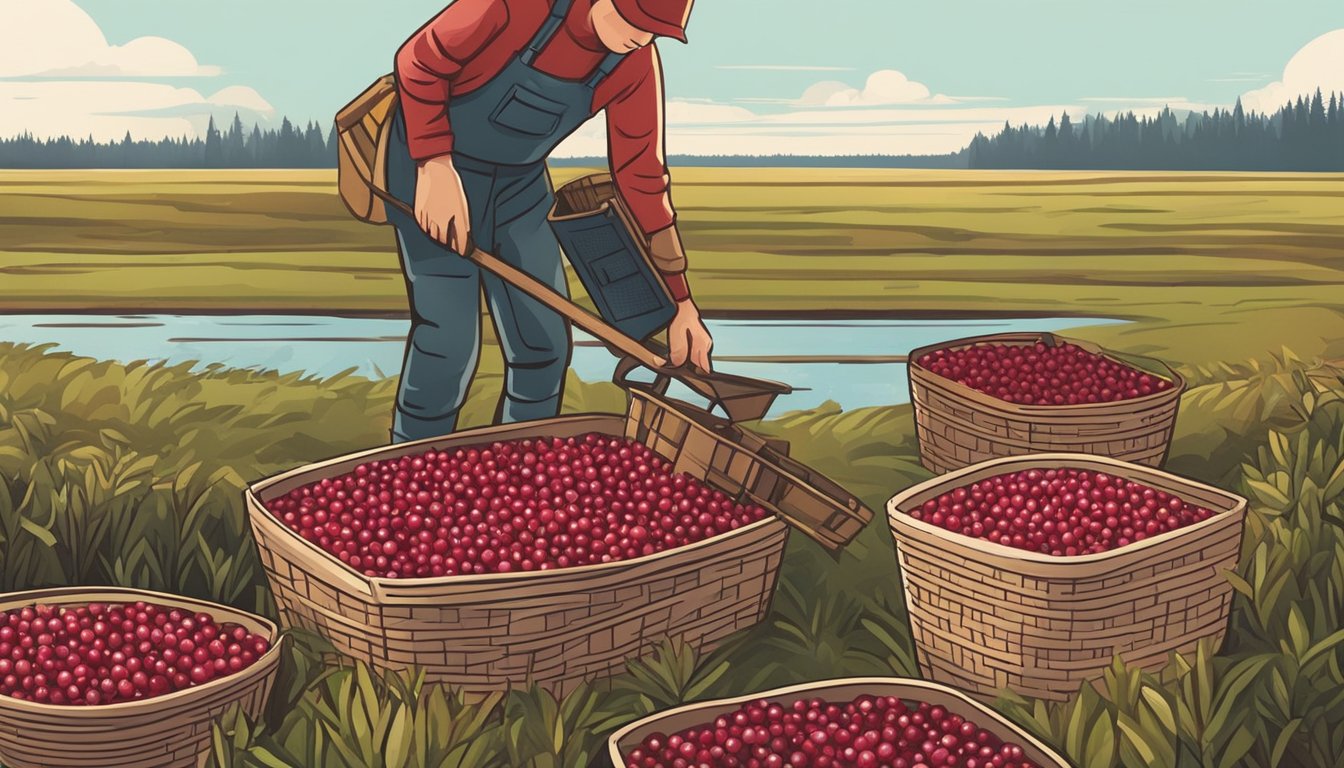 A person collecting ripe cranberries from a bog, with baskets and tools nearby for harvesting. The cranberries are shown being stored in a cool, dry place