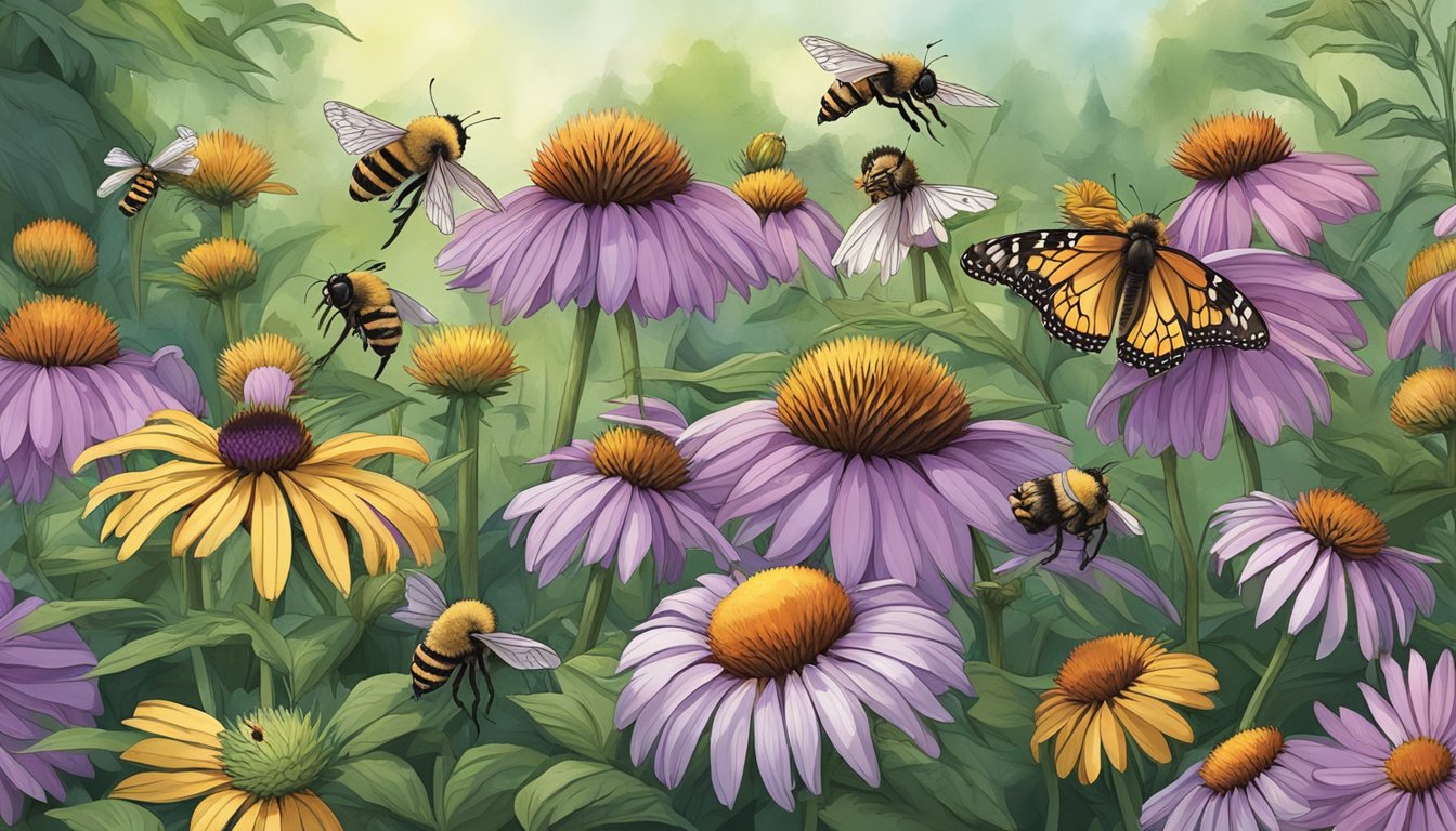 Bees and butterflies gathering nectar from purple coneflowers in a lush garden