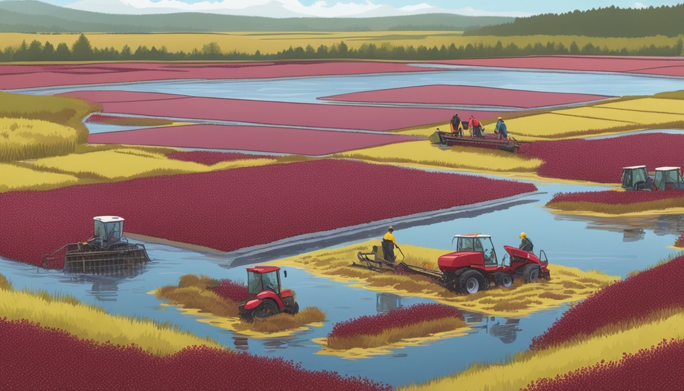 Cranberry bogs being flooded for harvest, workers using machines to gather berries