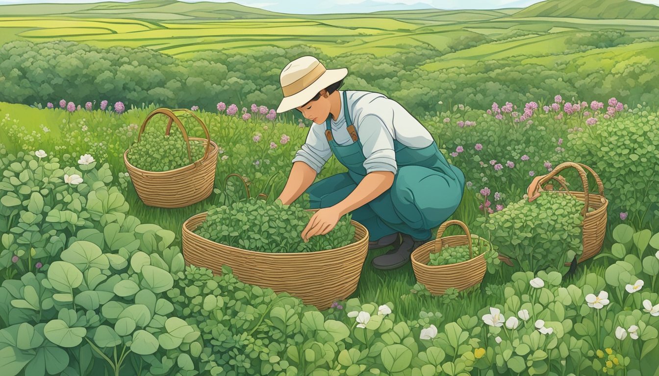 A person gathering purslane from a lush, green field, with baskets and gardening tools nearby. Wildflowers and other plants surround the area