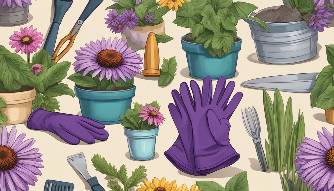 A pair of gardening gloves holds freshly harvested purple coneflowers, surrounded by various gardening tools and potted plants