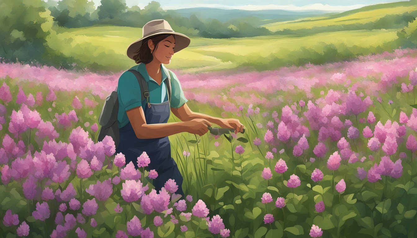 A person gathering red clover in a lush field, surrounded by wildflowers and tall grasses