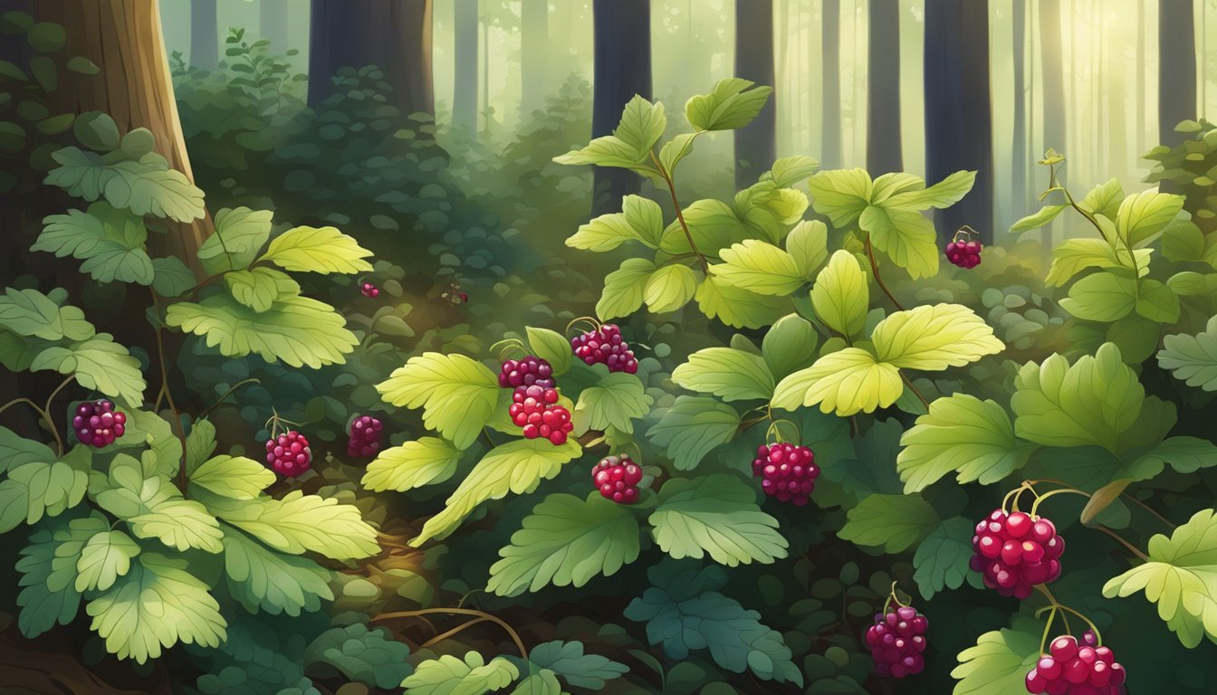 A forest floor with dewberry bushes in dappled sunlight, ripe berries glistening with dew