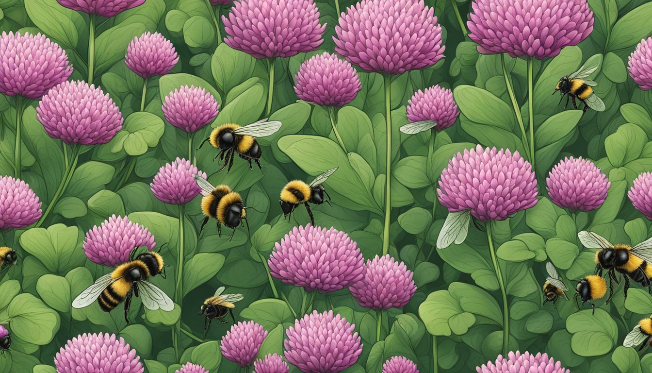 A field of red clover being foraged and harvested, with bees buzzing around and the soil showing signs of improvement