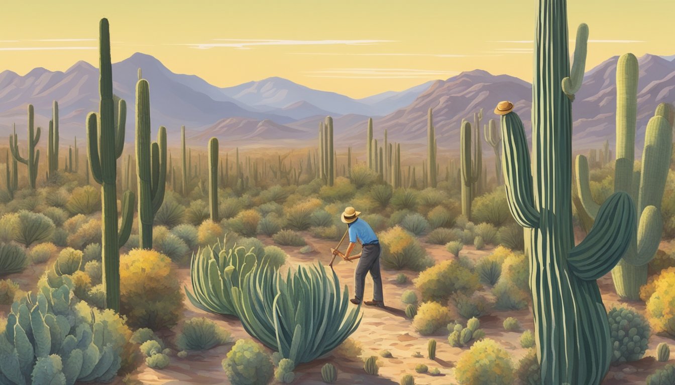 Saguaro cactus fruit being harvested by a figure using a long pole with a basket attached, surrounded by other saguaro cacti in the desert landscape