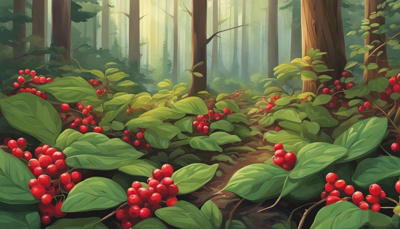 A lush forest floor with vibrant red huckleberries being foraged and harvested by wildlife