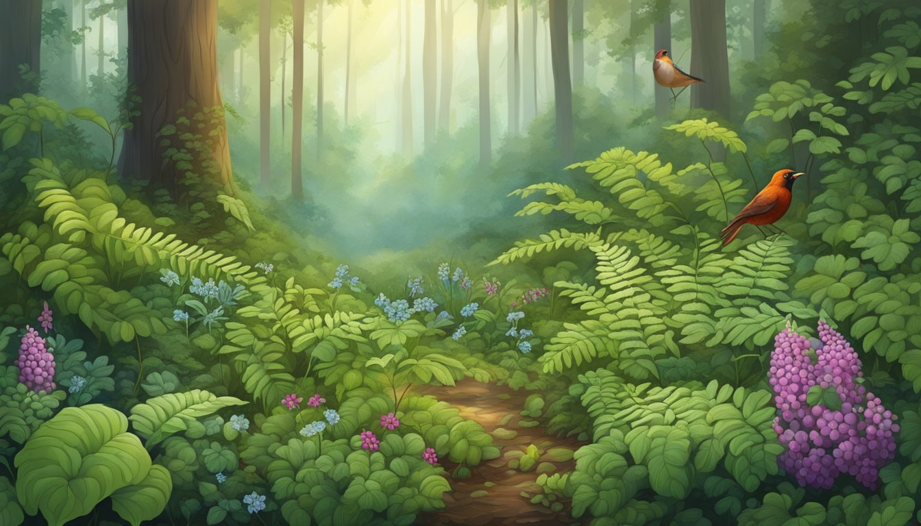 A lush forest floor with dewberries growing among wildflowers and ferns, birds and insects foraging and harvesting